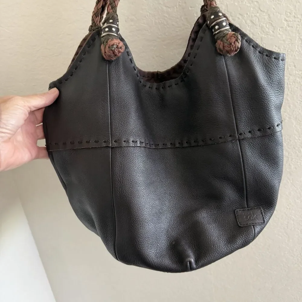 The Sak Slouchy Bucket Hobo Bag Black Leather Braided Straps Studs Y2K Purse